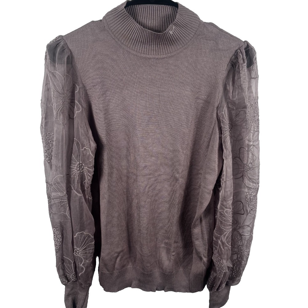 Absolutely Famous Mauve Mock Neck Knit Top With Embroidered Sheer Lace Sleeves
